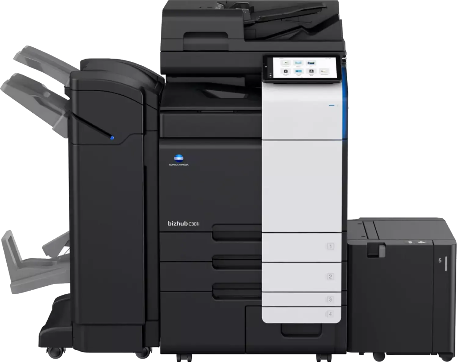 Konica Minolta-bizhub C301i voorkant met finisher en feeder